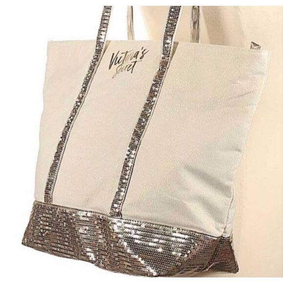 Victorias Secret Gold Cream Ivory Sequined Metallic Weekender Tote bag NWT - Picture 1 of 9